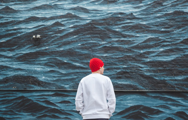 Young men walking through city
