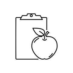 Apple and clipboard icon. Concept of dieting. Outline thin line flat illustration. Isolated on white background. 