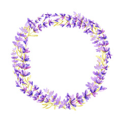 Round frame of lilac lavender flowers on a white background, with place for text. Hand drawn watercolor illustration for design of banner, template, business card, advertisement.