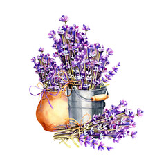 A bouquet of lavender flowers, twigs tied with twine, a bundle in an aluminum bucket and clay ceramic pot. Hand drawn watercolor illustration for design of wedding concept, birthday, Valentine's day. © Наталья Матюшина
