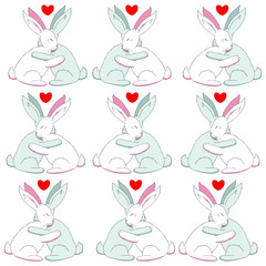 Pattern of rabbits hugging each other with their paws. Bunnies with ears raised and with a heart. Gentle hugs.