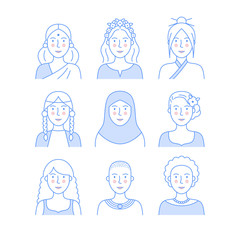Female faces outline icons. Multiracial women characters vector. Set of various avatars for web projects. Asian, Indian, European, African. Editable stroke