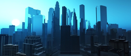 Fototapeta na wymiar modern city at sunset, skyscrapers and sun. 3d rendering.