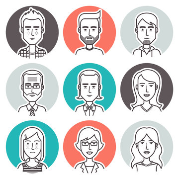 People outline vector set. Linear vector people avatar collection. Men,women and children user pics icons for social media and web design.