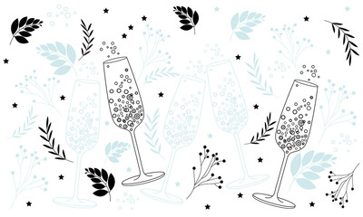 Party, corporate party, glasses of champagne with floral ornaments from branches, leaves and berries