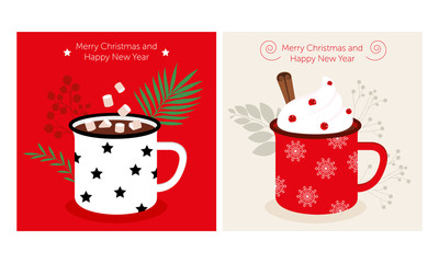 Christmas mug of hot chocolate with whipped cream with cinnamon and berries, red cup with snowflakes