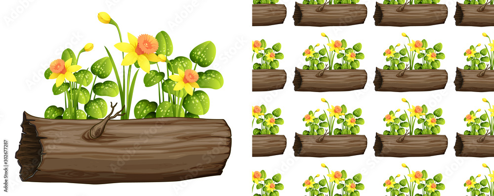 Wall mural seamless background design with daffodil flowers on log