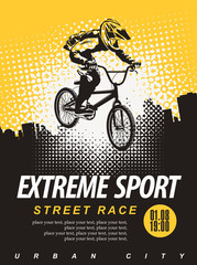 Fototapeta na wymiar Vector banner or flyer with cyclist on the bike and words Extreme sport on the urban background. Poster for street race, bicycle club, extreme sports in modern style with place for text