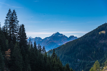 Plakat view from navistal to stubai alps, serles peak, tyrol, austria