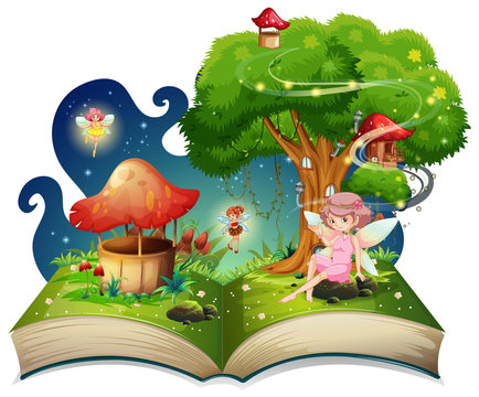 Book with fairies flying around the tree