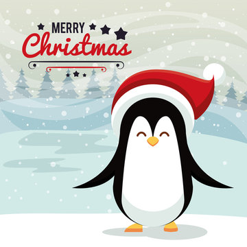 happy merry christmas card with penguin