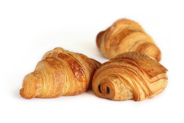 Viennoiserie traditional french pastry - pain au chocolat and croissants isolated on white background