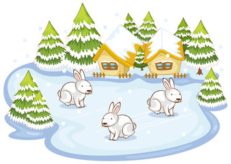 Scene with three rabbits in snow field