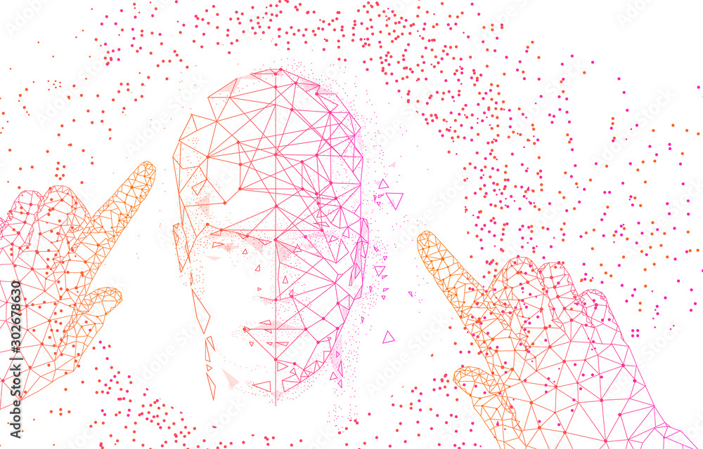 Poster face id technology. trendy innovations cyborg systems. innovations systems identifications and devel