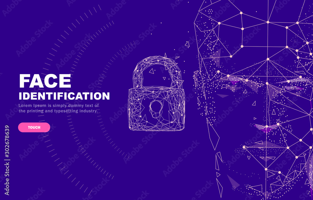 Poster face id technology. trendy innovations cyborg systems. innovations systems identifications and devel