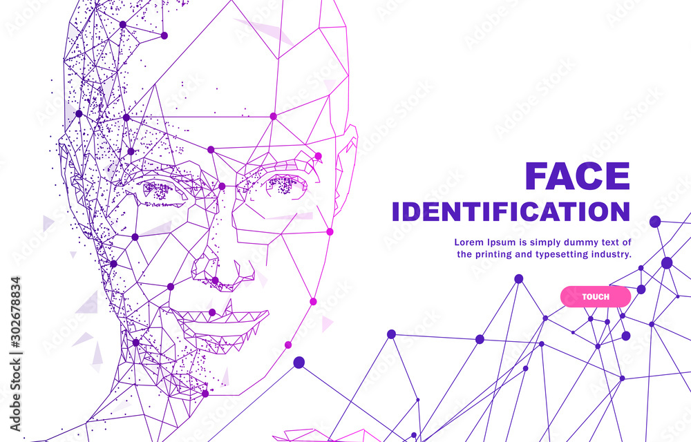 Poster face id technology. trendy innovations cyborg systems. innovations systems identifications and devel
