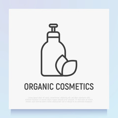 Organic cosmetics thin line icon: glass bottle with dispenser and leaf sign. Modern vector illustration for beauty shop.