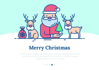 Cute Santa Claus and deers template with copy space. Christmas and New Year greeting card. Thin line icons. Modern vector illustration.