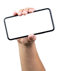  Man hand holding the smartphone full screen with blank screen . isolated on white background.
