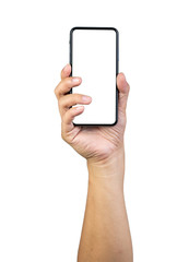  Man hand holding the smartphone full screen with blank screen . isolated on white background.