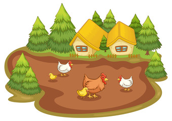 House with chickens on white background
