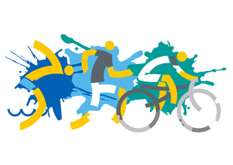  Three Triathlon Racers on splatters background. Expressive dynamic drawing Three triathlon athletes on the grunge background. Vector available.