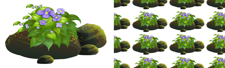 Seamless background design with purple flowers on moss stones