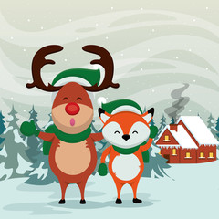 happy merry christmas card with fox and reindeer