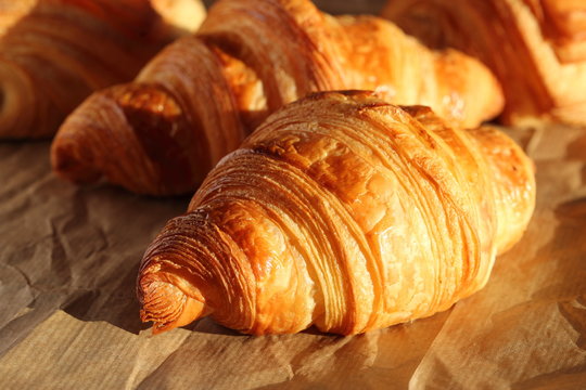 Freshly backed french croissants shiny in the rays of the morning sun  close up. Viennoiserie in France