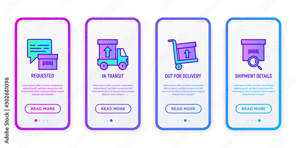 Poster express delivery mobile user interface with copy space and thin line icons: requested, in transit, o