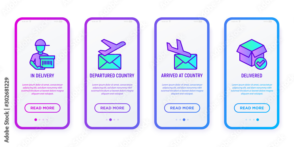 Poster express delivery mobile user interface with copy space and thin line icons: in delivery, departured 