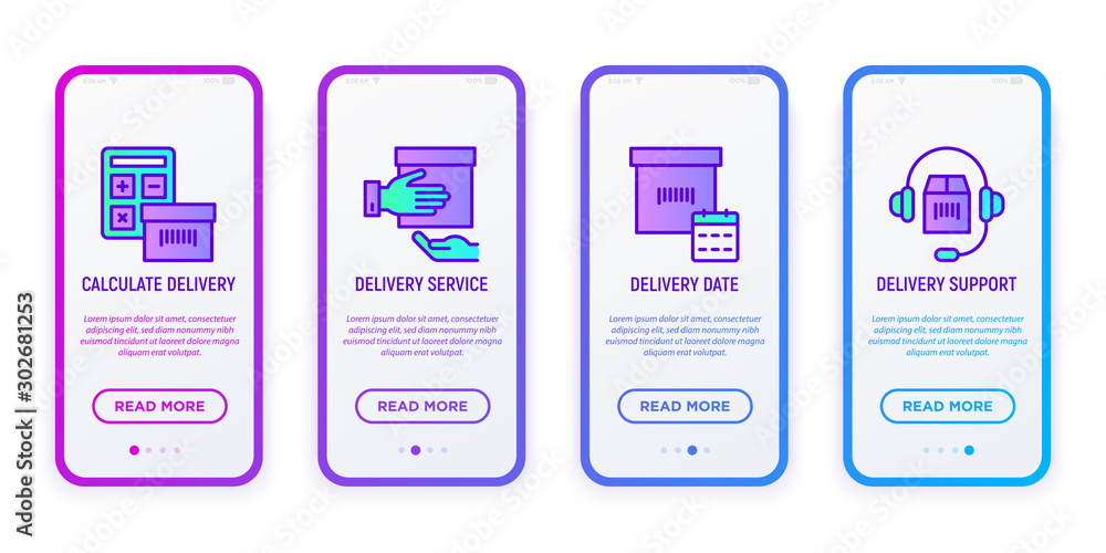 Poster express delivery mobile user interface with copy space and thin line icons: calculate, calendar date