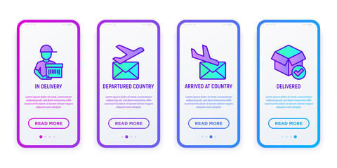 Express delivery mobile user interface with copy space and thin line icons: in delivery, departured country, arrived. Vector illustration for delivering service mobile app.