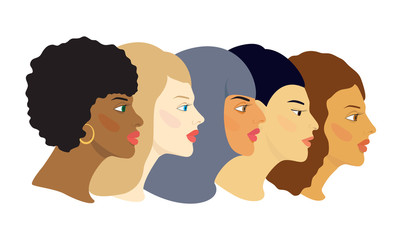 Five female faces of different cultures and nations in profile. Cartoon color vector illustration isolated on a white background.