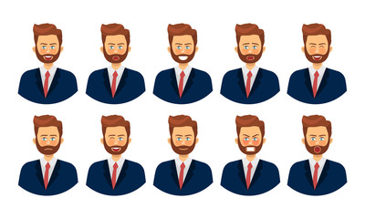 Set of different emotions male character. emoji with various facial expressions. businessman. Vector illustration.