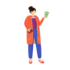 Woman with money flat vector illustration. Rich person. Employer gives salary. Getting paid for work. Female holds dollars. Girl with cash isolated cartoon character on white background