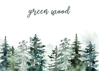 Winter wonderland background with pine and spruce trees on white backdrop. Christmas and New Year template, nature green snowy forest illustration. Holiday frame for cards and banners design.