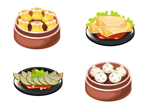Chinese dishes color icons set. Dumplings types with meat and vegetables filling. Spring rolls and vegetable salad. Eastern traditional cuisine. Squash with sauce. Isolated vector illustrations