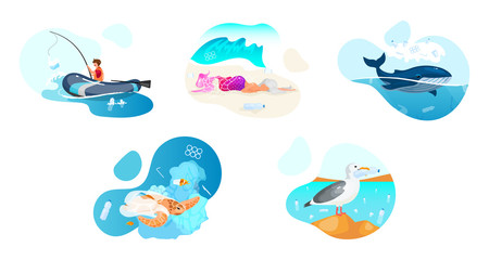 Plastic pollution in ocean flat concept icons set. Sea water contamination problem stickers, cliparts pack. Ecological catastrophe, nature damage. Isolated cartoon illustrations on white background