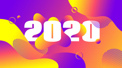 2020 greeting card. Trendy liquid fluid color gradient background. Vector abstract banner with 2020 numbers