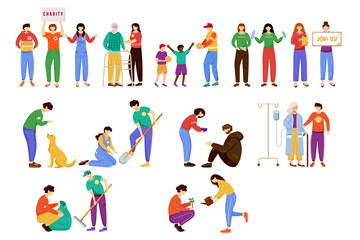 Charity works flat vector illustrations set. Selfless volunteers, young activists isolated cartoon characters. Environment and homeless animals care. Elderly and poor people support design elements