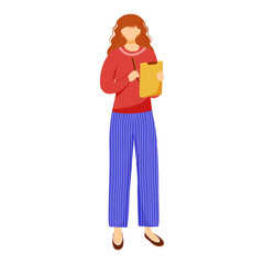 Woman with clipboard flat vector illustration. Volunteer, office manager, social service worker isolated cartoon character on white background. Activist collecting signatures. Opinion poll, research