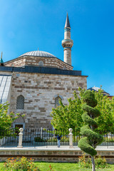 Fototapeta na wymiar Mevlana Museum in Konya. Beautiful historic architecture on a bright sunny day. Vertical.