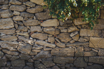 old stone wall of stones and hops