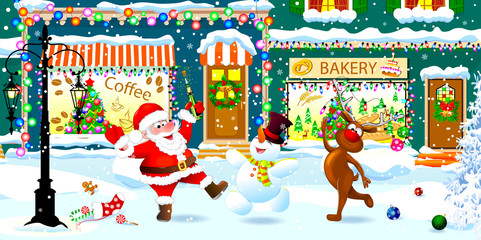 Happy Santa, snowman and reindeer celebrate Christmas on a city street