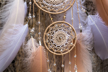 Handmade dream catcher with feathers threads and beads rope hanging