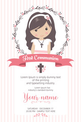 First communion girl. Girl with communion dress and flower frame, in pink and brown tones