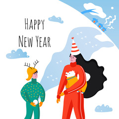 Design template card with family. Cute characters celebrate together New Year. Mother, son, dog are traveling. Woman and boy outdoor.