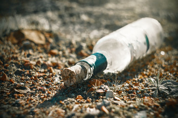 A glass bottle with a cork and a battered label lies on the ground and reflects the sun's rays. Inside it may be a letter from a shipwrecked man. Or it's just an environmental problem.
