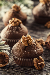 Christmas chocolate delicious muffins sprinklad with sugar powder and wallnut on top